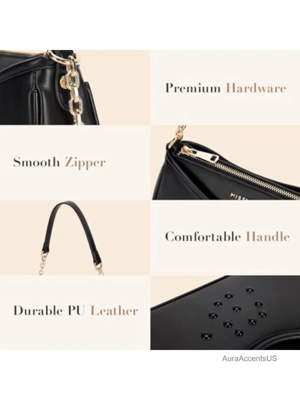Faux Leather Vegan Hobo Shoulder Bag with Chain Strap, 3-Compartment Purse